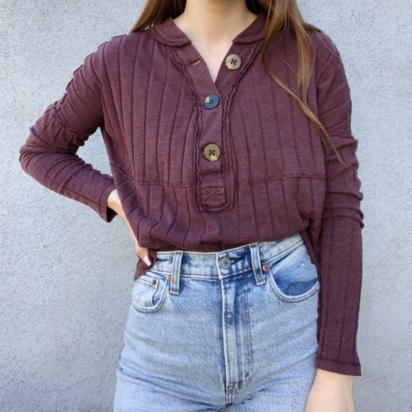 Purple Free People Button Up Ribbed Long Sleeve S - Picture 2 of 6